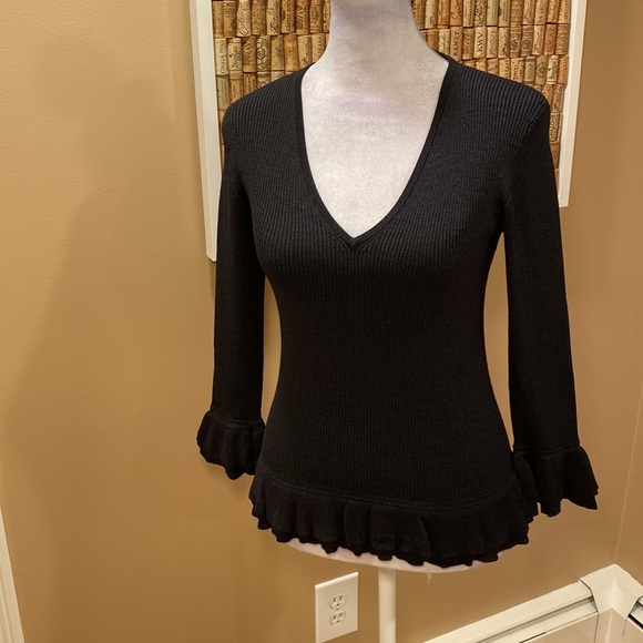 Esther Chen Black Ribbed Top.  Silk, Nylon and Spandex.  Ruffled detail - Picture 2 of 16